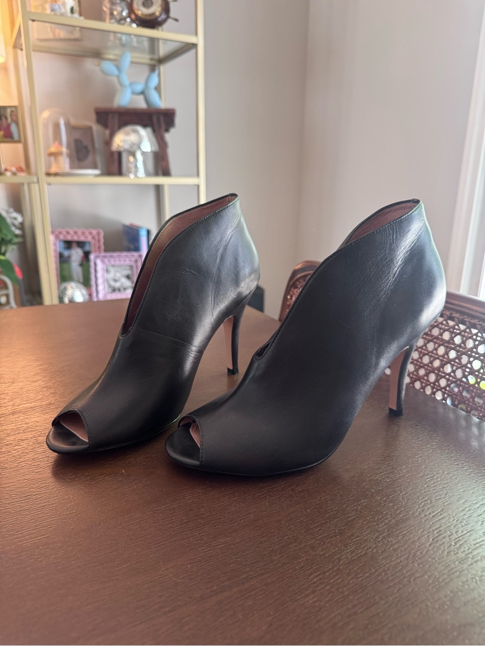 “Halogen” Black Leather Peep Toe Ankle Booties Stiletto Heels.